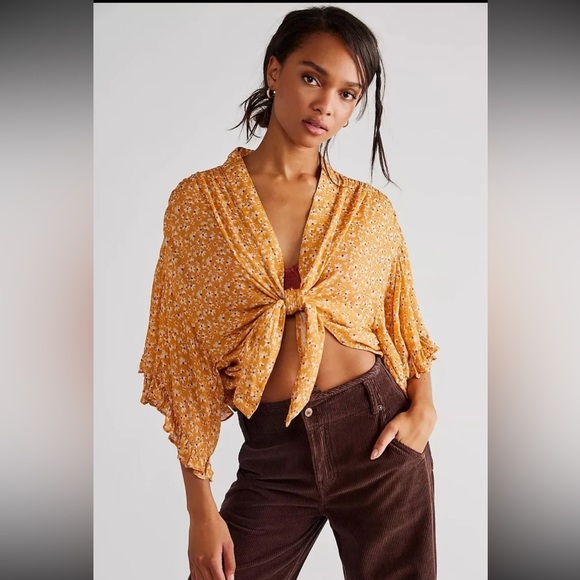 Free People Calisto Bed Jacket in Honey/Gold Tie Front Top | NEW/NWOT!!💛💛 - Picture 2 of 12